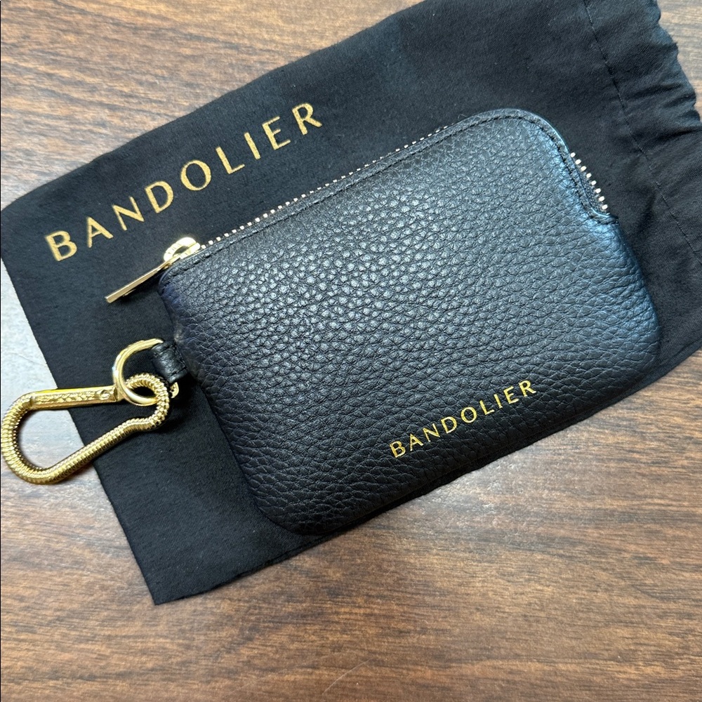 Bandolier Black Pebble Leather Key & Card Zip Pouch-Gold Carabiner & Hardware